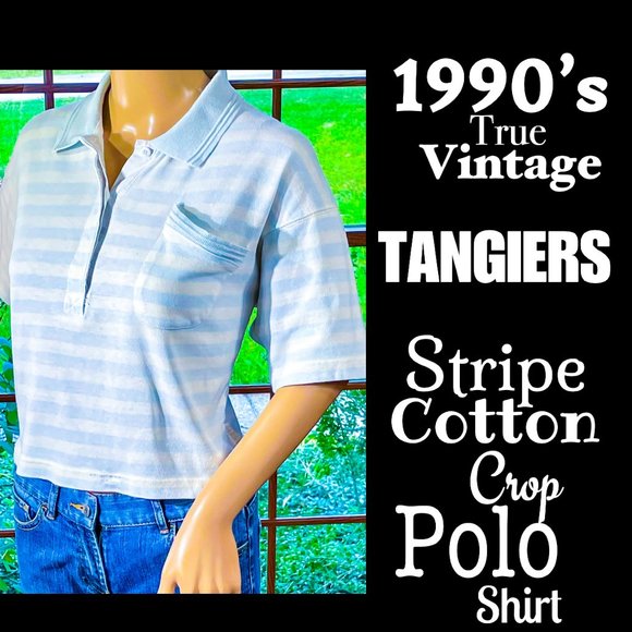Vintage Tops - ▪️VTG▪️TANGIERS▪️1990's White & Baby Blue Stripe Cotton Crop Polo Shirt Top